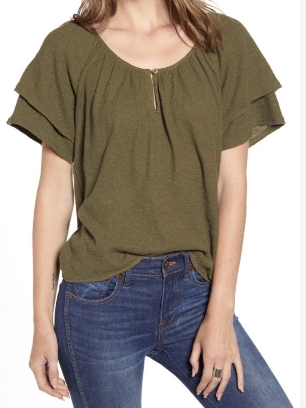 Madewell Texture & Thread Tiered Sleeve Green Top Size XL